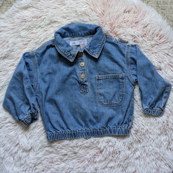 Zara Other - ZARA EUC Cropped Denim Pocket Pullover Buttoned Collared Unisex 18/24m